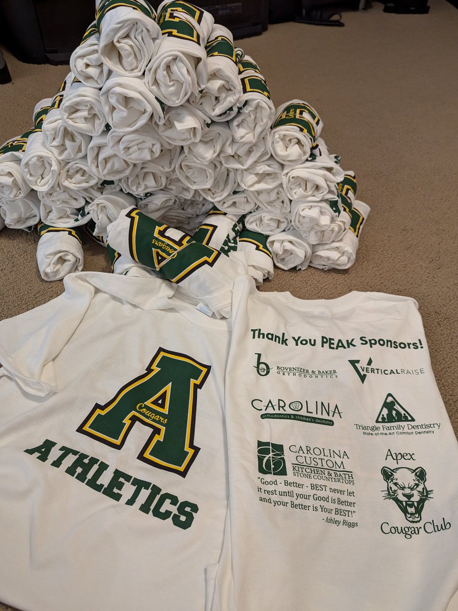 Christine Yoon-Taylor (@myepicureanadv) on Twitter photo PEAK Sponsor T-shirts are rolled and ready to go for tonight's football game giveaway! #rollcougs <a href="/apexcougarclub/">Apex Cougar Club</a> <a href="/apexhsathletics/">Apex Athletics</a> PEAK Sponsor T-shirts are rolled and ready to go for tonight's football game giveaway! #rollcougs <a href="/apexcougarclub/">Apex Cougar Club</a> <a href="/apexhsathletics/">Apex Athletics</a>