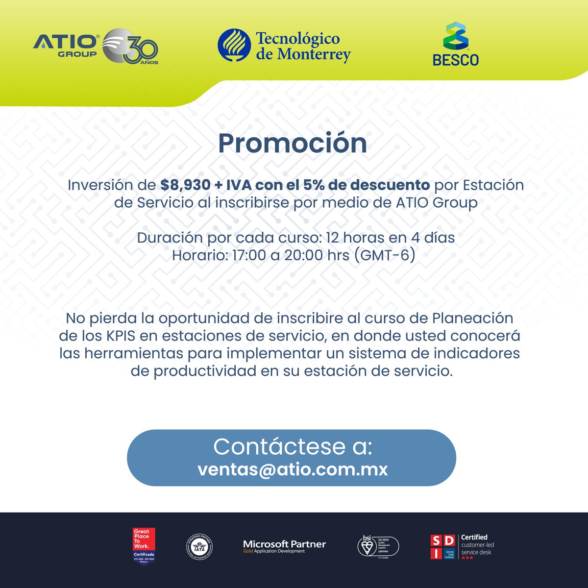 ATIOGroup's tweet photo. #Octubre se acerca con un nuevo Taller junto a @grupobesco  "Implementación y Planeación Anual de los #KPI´s en #EstacionesdeServicio" impartido por el @TecdeMonterrey .
🟠Fecha límite de inscripción: 3 de octubre🟠
Registro: 📩ventas@atio.com.mx
#ATIOGorup  #SectorGasolinero https://t.co/C9XHjQI5CB