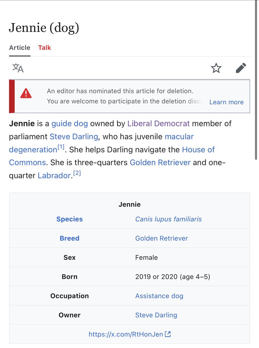 BenjaminOCall's tweet image. I regret to inform twitter that someone is trying to delete Jennie’s wikipedia page. I am absolutely disgusted and saddened by this, and we MUST do something to stop her losing her page! Wikipedia must write an apology to @SteveDarlingMP for trying to hide jennie!