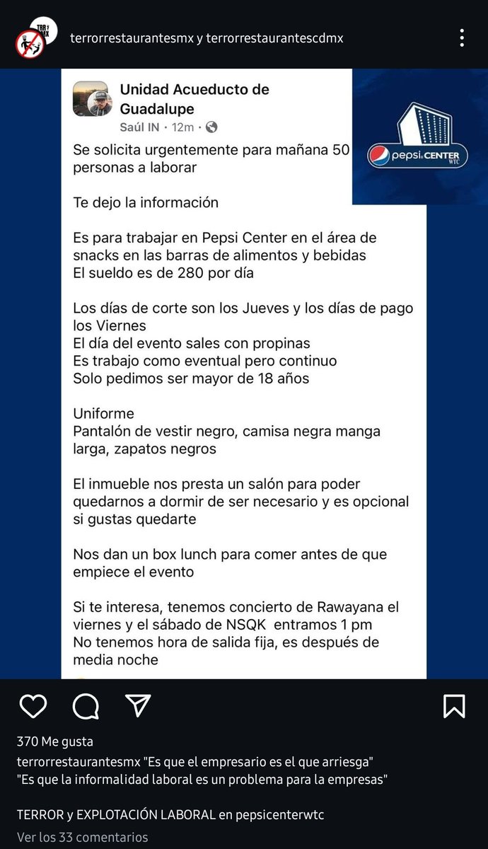 MalcolmCDG's tweet photo. @ReneFranco @dimeperra @lluviAM_22 el #PepsiCenter no solo censura y cancela shows de comedia, también explota laboralmente al personal que laboral para ellos. Fuente: @TerrorRestMX https://t.co/ZAbUNyxFEI