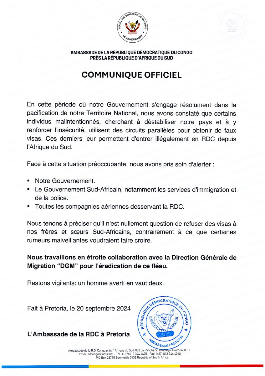 COMMUNIQUE OFFICIEL DE L'AMBASSADE DE LA RDC A PRETORIA