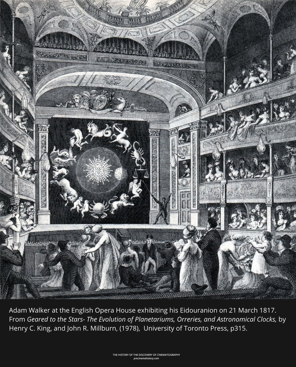 RealPreCinema's tweet image. These "scenes" as they were called, could of course portray any aspect of the skies the #lecturer desired like the #constellations, and #telescopic views of the planets. 

Here's a particularly handsome example shown at the English Opera House in 1817.