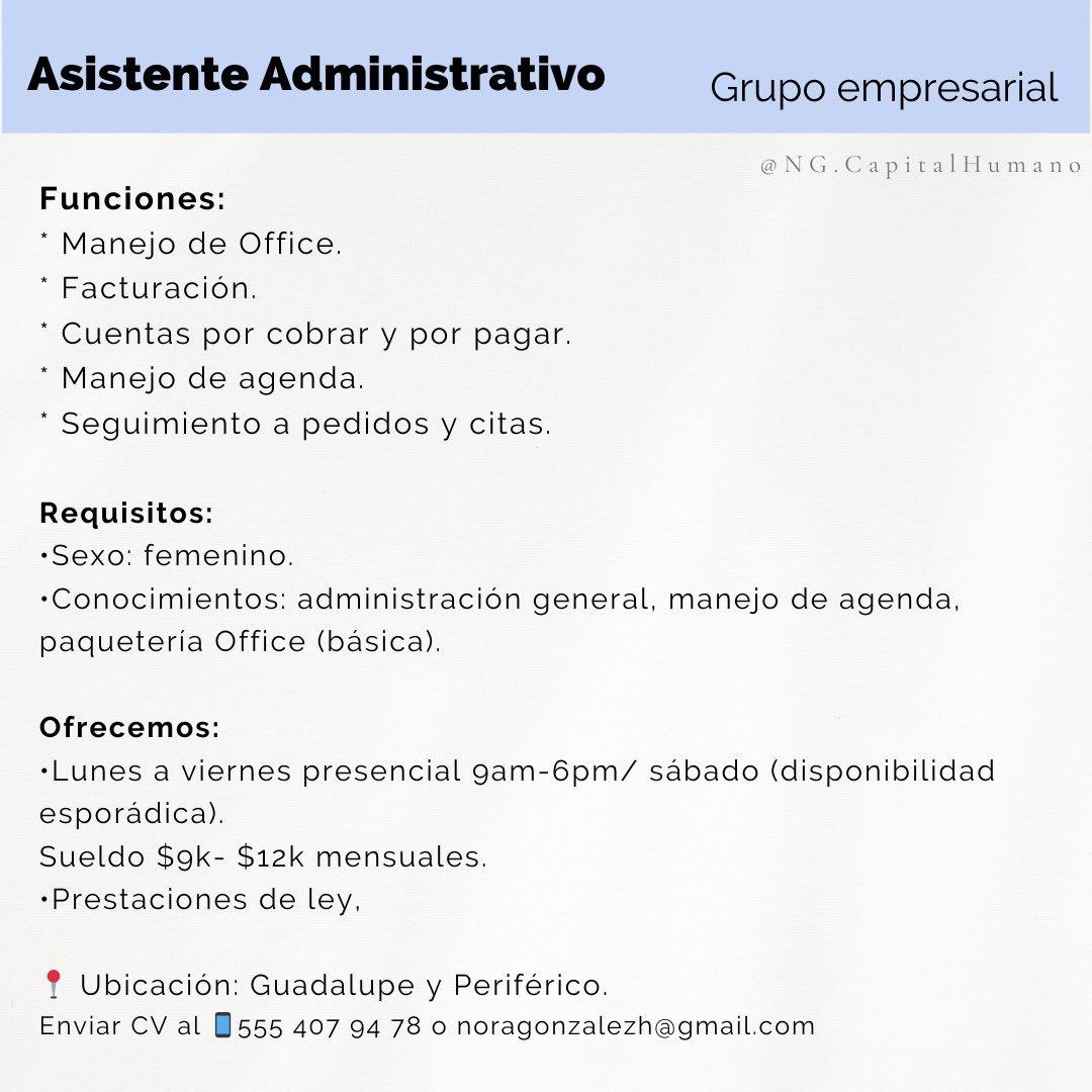 NoraGlez's tweet photo. VACANTE en GDL. Asistente Administrativo. 
Compartir https://t.co/qKsyTbKsfD