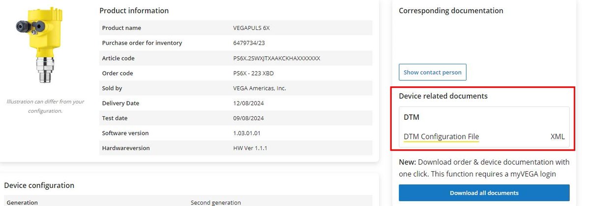 #FieldServiceFriday
When doing an electronics exchange, download the .xml file for the serial number on the housing, not the electronics. Search for the serial number on vega.com and then look for the 'DTM Configuration File' on the right side of the webpage.