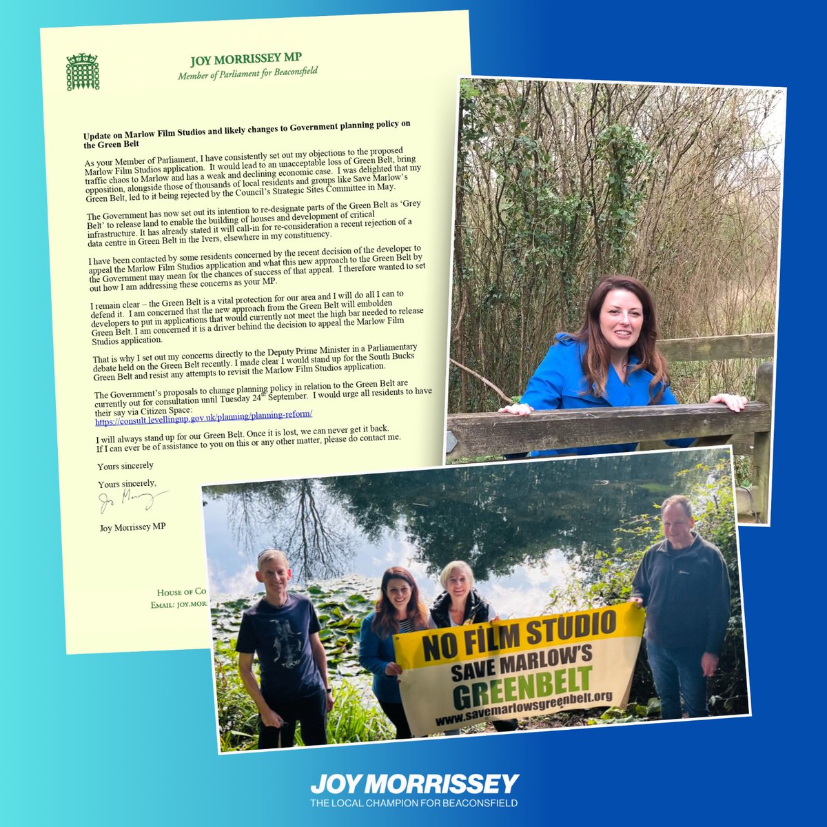 I’ve heard from many residents concerned about the appeal of the Marlow Film Studios application and the Government actions to try and change Green Belt protections.

I remain committed to defending our Green Belt, which is vital to our area, and I raised these concerns directly