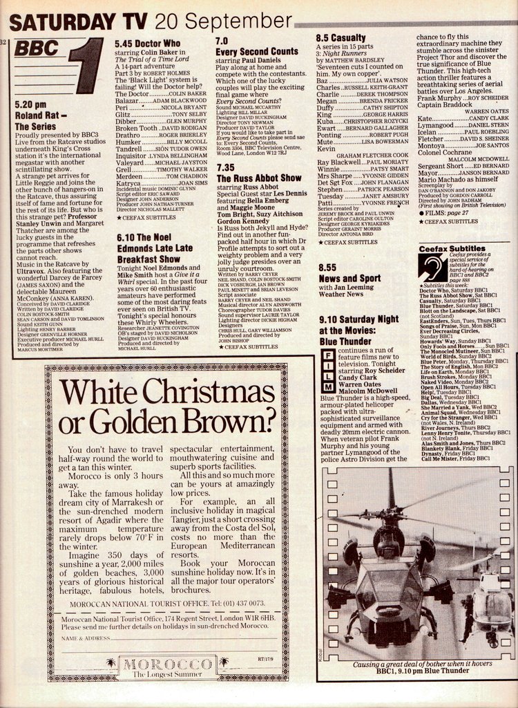 woodg31's tweet photo. TV📺20/9/86 BBC1 
5.5:News 5.20:Roland Rat the Series 5.45:Doctor Who 6.10:Noel Edmonds Late Late Breakfast Show 7.0:Every Second Counts7.35:The Russ Abott Show 8.5:Casualty 8.55:News 9.10:Film - Blue Thunder 

BBC2 5.20 - 6.0am:Rock Around The Clock https://t.co/ltusfk7qVn