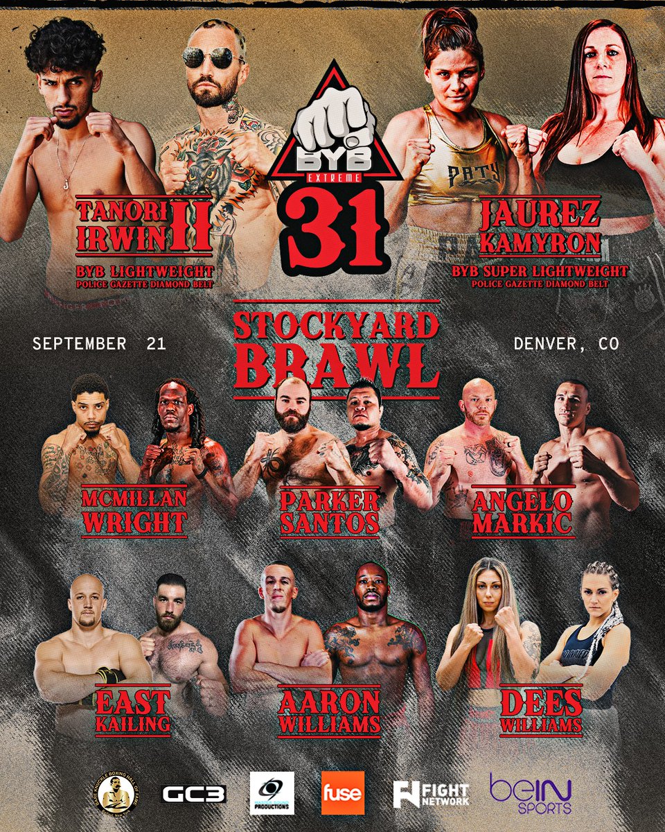Tomorrow at #BYB31, Julio Tanori and Mark Irwin faceoff for the BYB Lightweight Police Gazette Diamond Belt, and Paty Juarez and Khortni Kamyron fight for the BYB Women's Super Lightweight Police Gazette Diamond Belt.