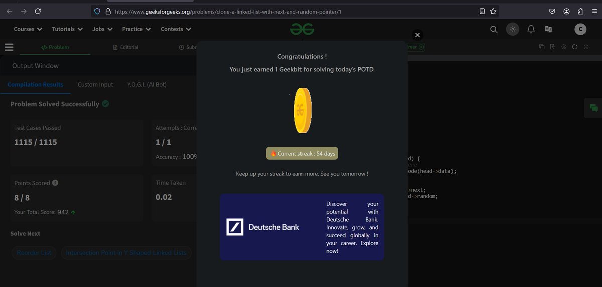 codewithme208's tweet image. Day 11 of our streak challenge! Who else is feeling the momentum? Let’s inspire each2 other to keep going! 🌟 #GeeksForGeeks #Motivation @geeksforgeeks @DeutscheBank