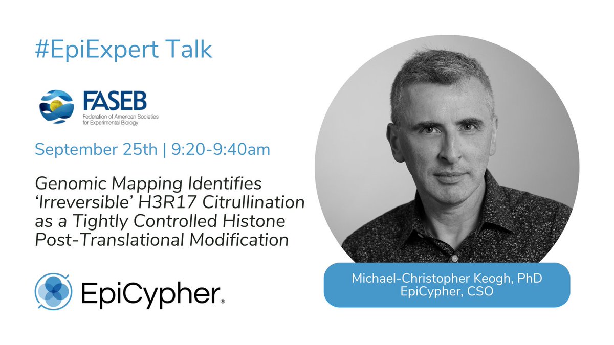Heading to FASEB #TCESRC meeting next week? EpiCypher will be there!
Don't miss CSO Michael-Christopher Keogh's talk, highlighting new insights on histone citrullination PTMs. 

Interested in learning more? 
Connect with our #EpiExperts: hubs.la/Q02QDg180