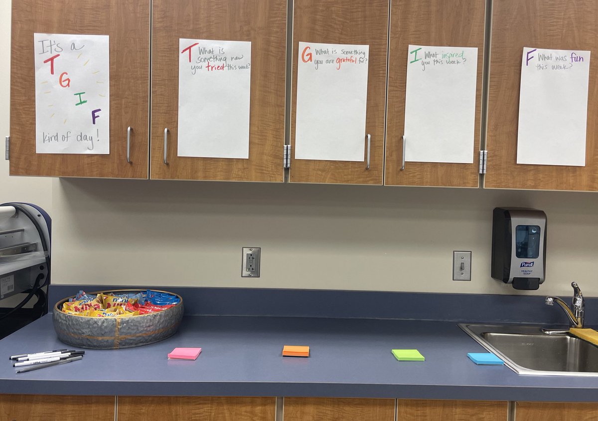 GernerCenter's tweet image. TGIF with a twist. 
T – What is something new you TRIED this week?
G – What is something you are GRATEFUL for?
I – What has INSPIRED you this week?
F – What is something FUN from this week?

Staff responded to posters in the lounge. How would you respond? ￼