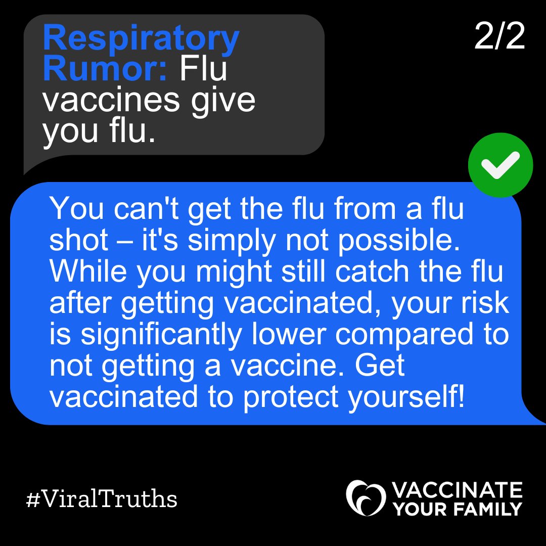 🚨📱 Flu Rumor Alert!
Myth: "Flu vaccines can give you the flu"? ❌🤒
You can't get flu from a flu shot—mild symptoms like a sore arm are just your immune system at work. 💪💉
Stay protected by getting vaccinated! 💙✅ #ViralTruths  <a href="/Vaxyourfam/">Vaccinate Your Family</a> 
vaccinateyourfamily.org/vaccines-disea…