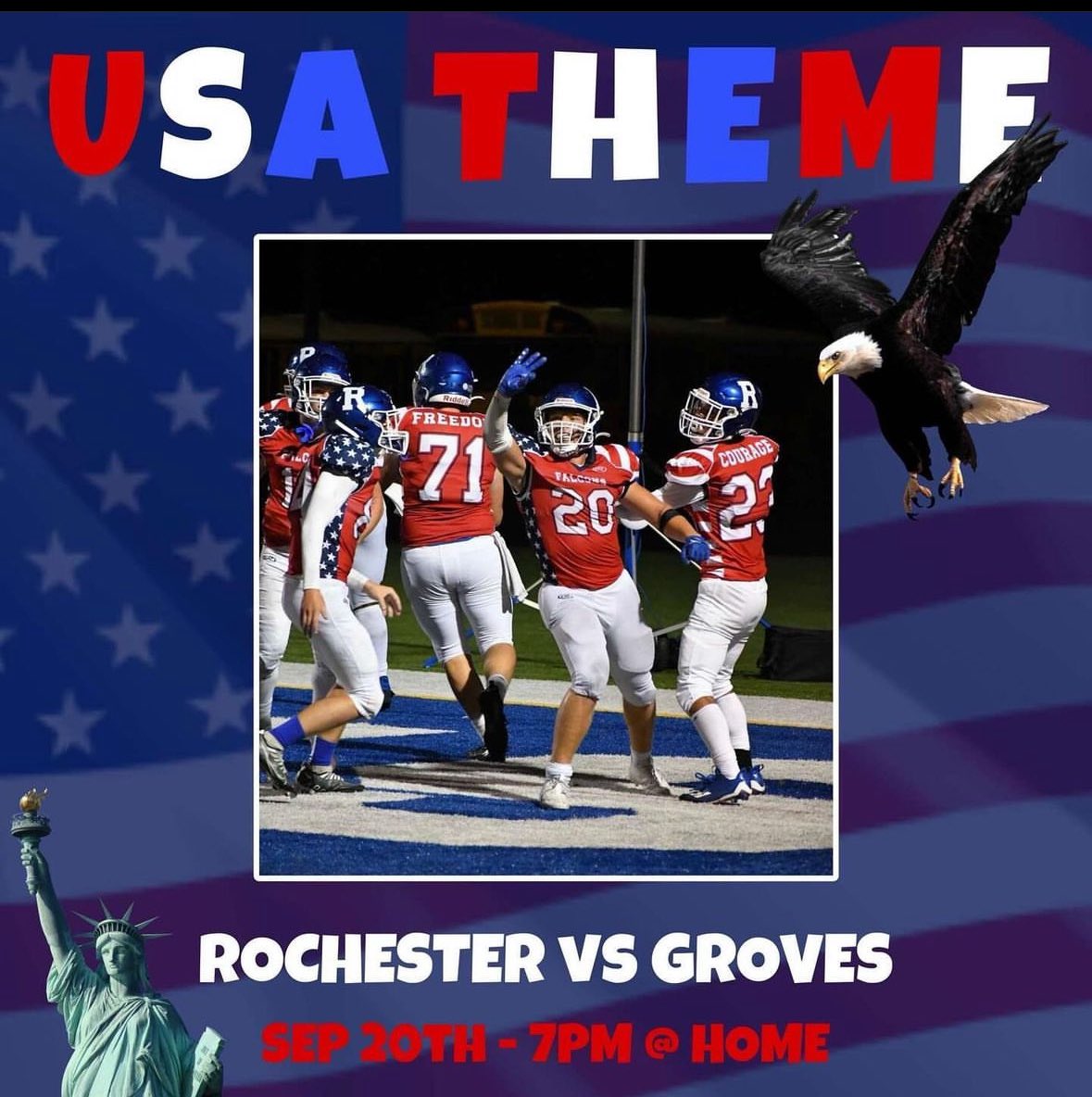 HUGE GAME TONIGHT @7 HOME VS GROVES‼️‼️ EVERYONE NEEDS TO SHOW OUT IN THEIR RED, WHITE, AND BLUE 🇺🇸🇺🇸 BE THERE AND GET LOUD🫡 #sofisgood 🏴‍☠️