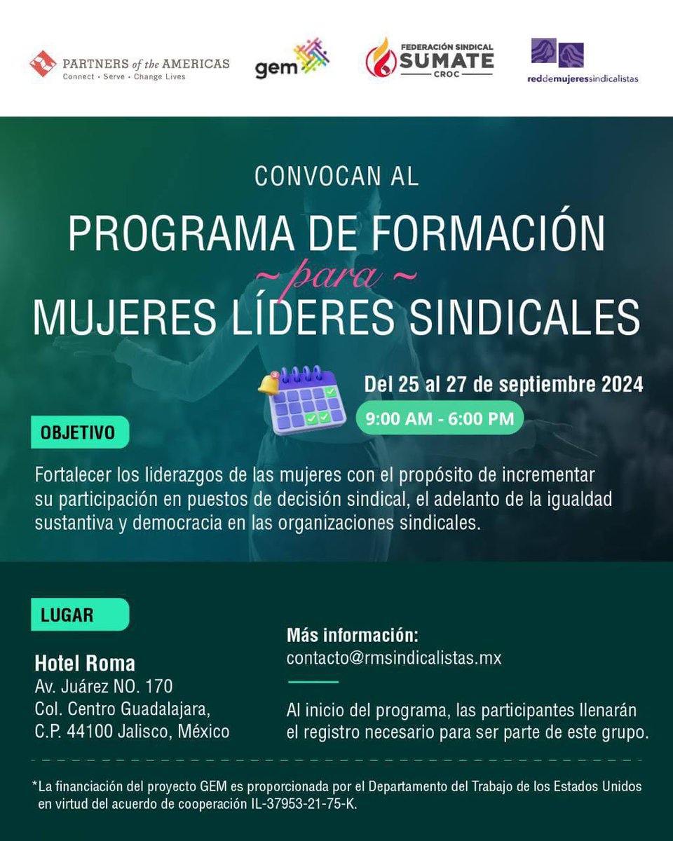 palomitarelowde's tweet photo. Mujeres Lideresas en el estado de Jalisco!!! 💜

Ahora en Guadalajara:
Programa de Formación para Mujeres Líderes Sindicales

🗓del 25 al 27 de septiembre

⏰09:00 a 18:00 horas

📌Hotel Roma- Av. Juárez 170, col. Centro Guadalajara

Información: contacto@rmsindicalistas.mx https://t.co/vodr36G6av