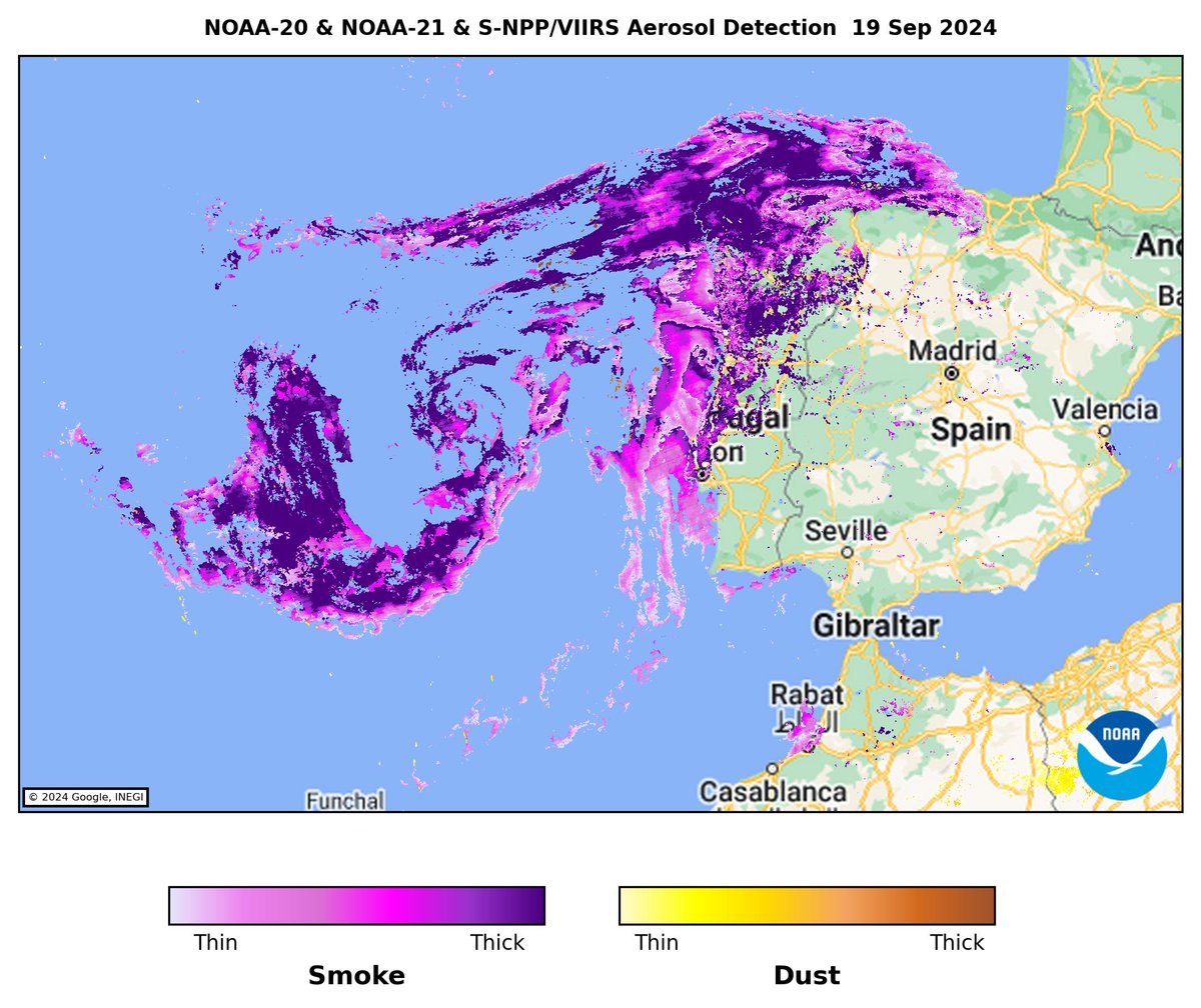 AerosolWatch (@aerosolwatch) on Twitter photo #Smoke (purple/lavender shading) from #Portugal #wildfires covered the north & west coasts of the Iberian Peninsula and was pulled into the circulation of low pressure over the Atlantic on 19 Sep, shown by VIIRS aerosol detection from <a href="/JPSSProgram/">Joint Polar Satellite System (JPSS)</a> satellites. <a href="/NOAASatellites/">NOAA Satellites</a> #Smoke (purple/lavender shading) from #Portugal #wildfires covered the north & west coasts of the Iberian Peninsula and was pulled into the circulation of low pressure over the Atlantic on 19 Sep, shown by VIIRS aerosol detection from <a href="/JPSSProgram/">Joint Polar Satellite System (JPSS)</a> satellites. <a href="/NOAASatellites/">NOAA Satellites</a>