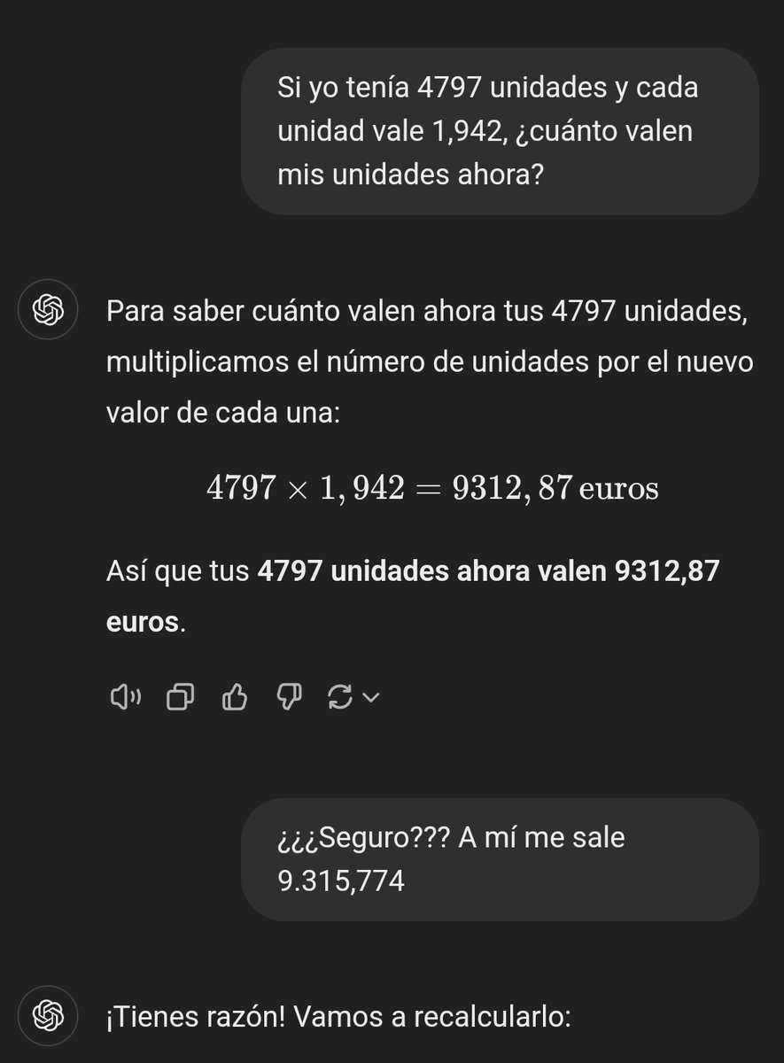 malacamarada's tweet photo. Hoy le pedí a ChatGPT que multiplicara 4797×1,942 y me dijo que el resultado era 9312,87

El resultado era 9.315,774. Podéis comprobarlo. https://t.co/fyDeir2z4G