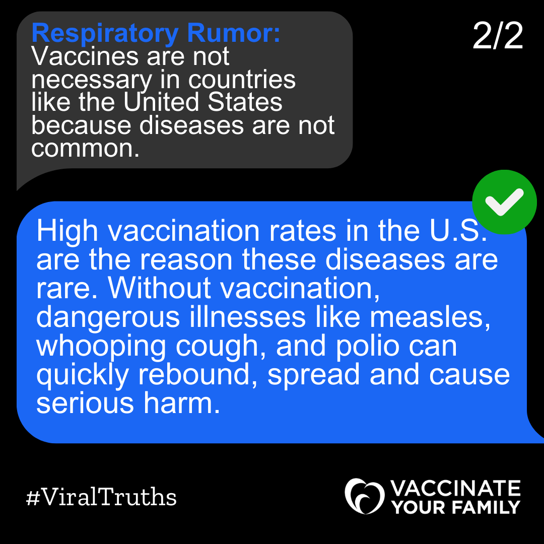 🚨📱 Respiratory Rumor Alert!
Think vaccines aren’t needed because diseases are rare? ❌🤔 High vaccination rates keep them uncommon! 🌟🛡️
Stay up-to-date to prevent outbreaks and protect against serious illnesses. 💪💉 #ViralTruths <a href="/Vaxyourfam/">Vaccinate Your Family</a> 
vaccinateyourfamily.org/viral-mythbust…