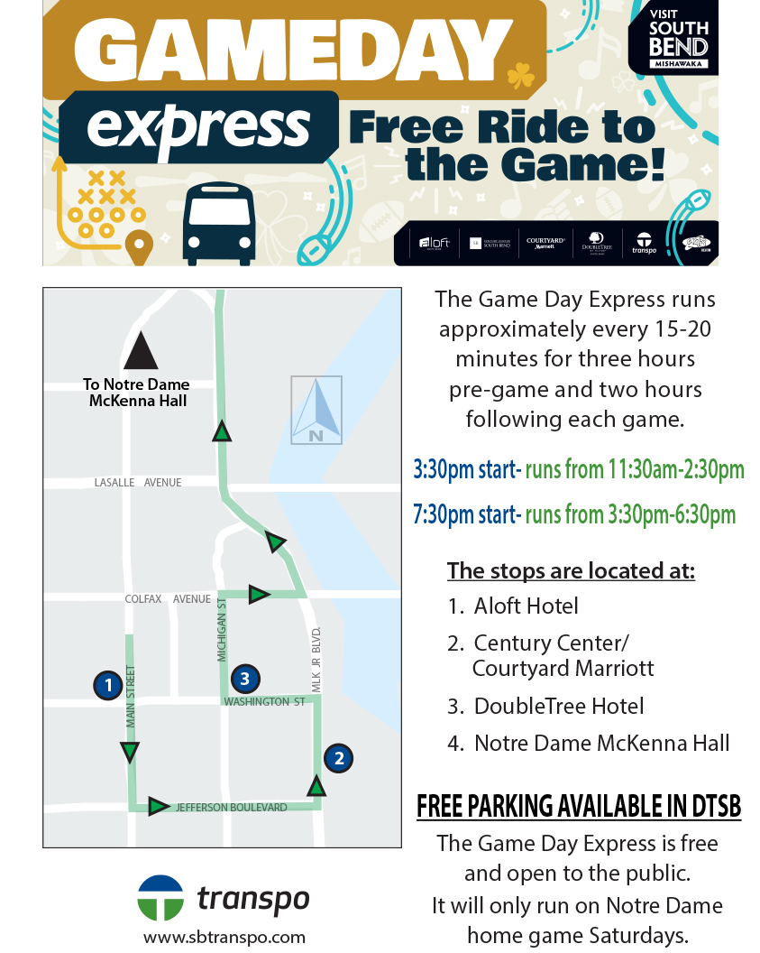 Heading out to cheer on the Irish tomorrow?  Park &amp; Ride for FREE!!  The route runs 3 hours prior and 2 hours following the game.
Detours for the #5, #7, &amp; #13 will be in place.
Game day traffic may create delays throughout the system.  Please plan accordingly!