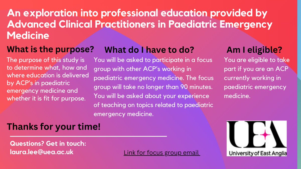 1) Are you an ACP working in PEM? Would you be willing to participate in a focus group about the education you deliver? This will form part of my professional doctorate.
More details about my study below
#research #profdoc <a href="/RCEMACPForum/">RCEM ACP Forum</a> <a href="/RCollEM/">Royal College of Emergency Medicine</a> <a href="/UEA_Health/">School of Health Sciences</a>