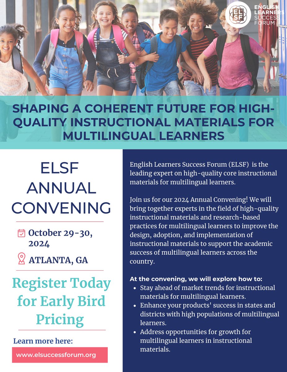 elsuccessforum's tweet photo. Less than 6 weeks to go! Join over 100 content developers at our convening where experts in the field will share innovative solutions for multilingual learners. Early bird pricing ends soon—register by September 24th to save! 
https://t.co/LsMPknQHoi https://t.co/81HGuGNa5o