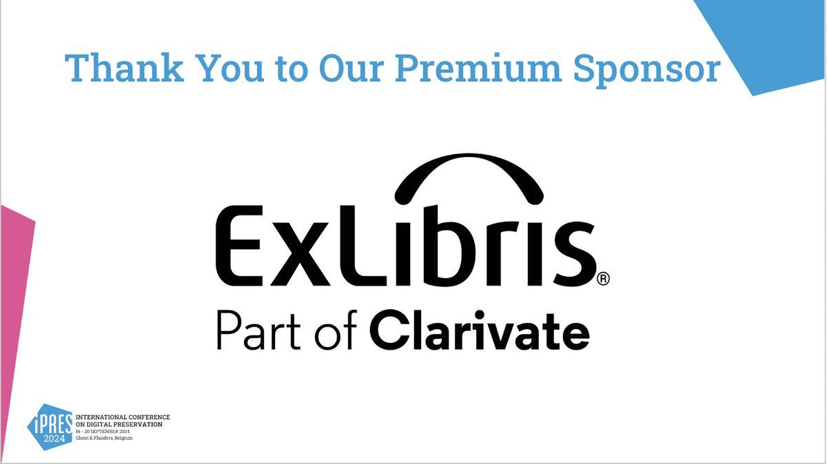 iPRES 2024 (@ipres_conf) on Twitter photo Shoutout to <a href="/ExLibrisGroup/">Ex Libris, from Clarivate</a> for being a premium sponsor of #iPRES2024! Your partnership has been invaluable in making this yearās conference a success. Thank you!
#digipres #digitalpreservation Shoutout to <a href="/ExLibrisGroup/">Ex Libris, from Clarivate</a> for being a premium sponsor of #iPRES2024! Your partnership has been invaluable in making this yearās conference a success. Thank you!
#digipres #digitalpreservation