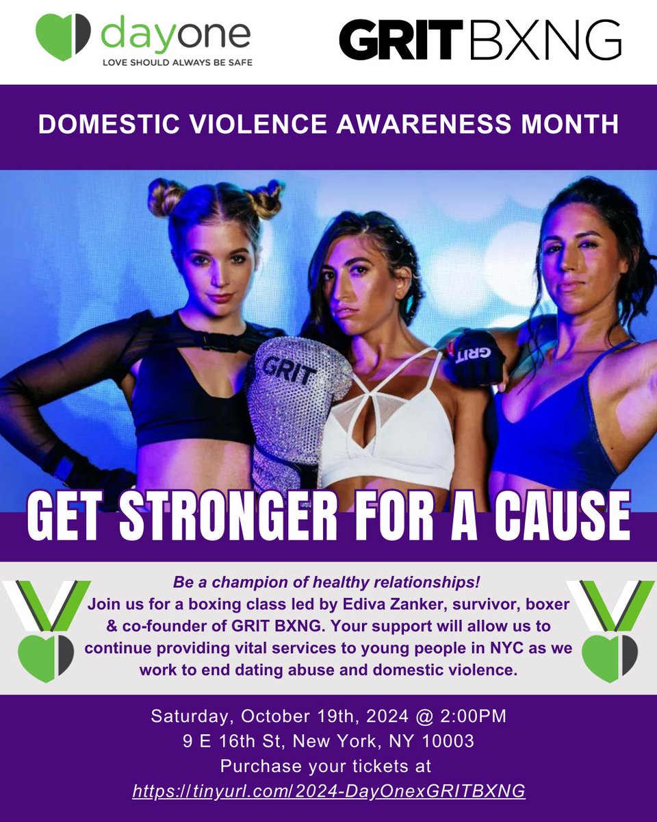 💪 Join us on October 19th for our Get Stronger for a Cause event led by Ediva Zanker—survivor, boxer &amp; co-founder of GRIT BXNG. 🥊 Your support allows us to provide vital services to NYC youth as we work to end domestic violence.

Purchase your tickets @ tinyurl.com/2024-DayOnexGR…