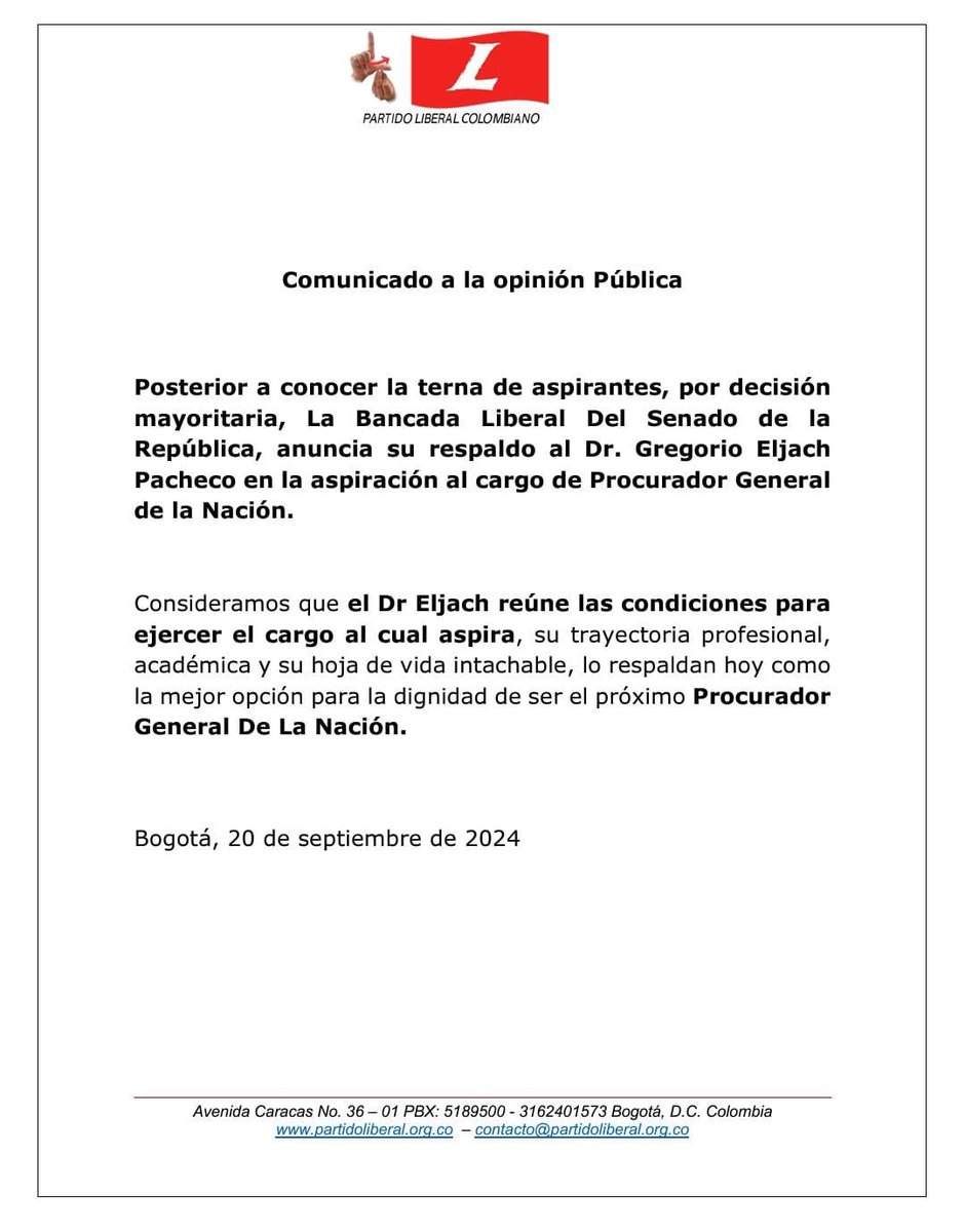 #politica <a href="/PartidoLiberal/">Partido Liberal</a> oficializa su apoyo a Gregorio Eljach a la procuraduría general de la nación 
#elsucreño #elperiódicodelpueblo