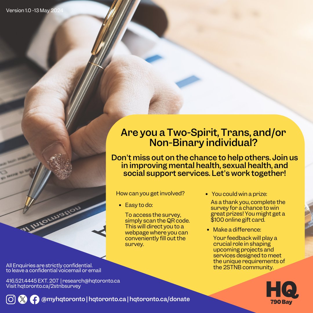 🌟 Hey 2STNB Community! We want your insights to improve mental, sexual, and social health services in Toronto! 💬✨ 

Participate in our survey for a chance to win a $100 gift card! 🎁 Your feedback is vital for creating impactful projects. 

👉 Click hqtoronto.ca/2stnbsurvey/