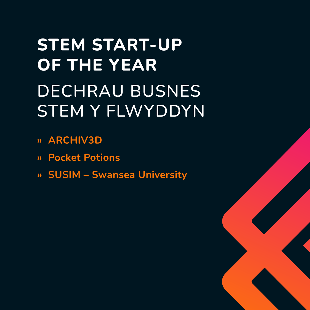 WalesStem's tweet photo. Congratulations to our STEM Start-Up of the Year finalists:
⭐ ARCHIV3D
⭐ @pocket_potions 
⭐ @SwanseaUni Simulation and Immersive Learning Centre (SUSIM)
Llongyfarchiadau mawr!
#WalesSTEMAwards https://t.co/wZk7OK0WZJ