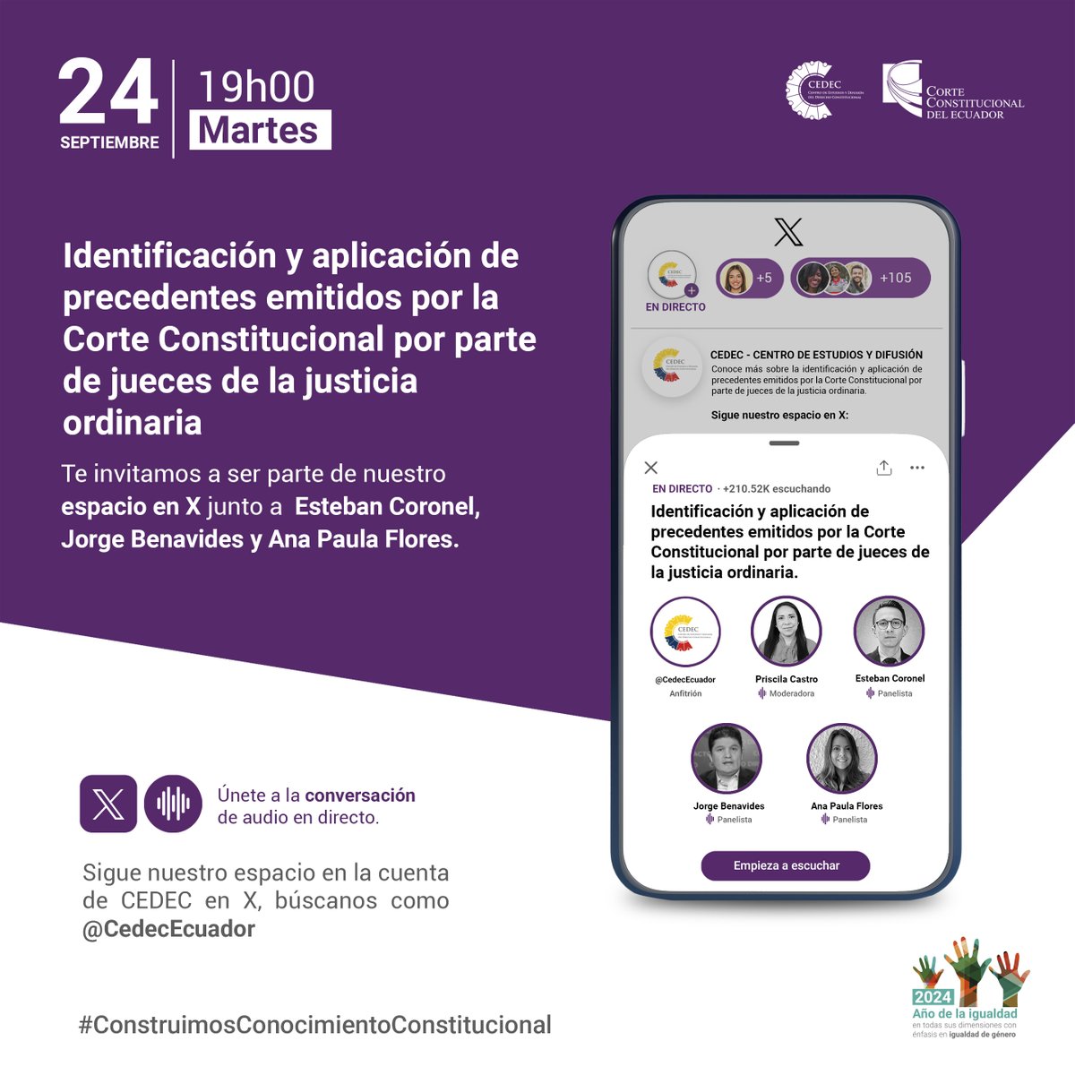 🚀¡Sé parte del próximo espacio en X!

Tema: "Identificación y aplicación de precedentes emitidos por la <a href="/CorteConstEcu/">Corte Constitucional</a> por parte de jueces de la justicia ordinaria", junto a Esteban Coronel, Jorge Benavides y Ana Paula Flores.

Moderadora: Priscila Castro

#AñoDeLaIgualdadCC