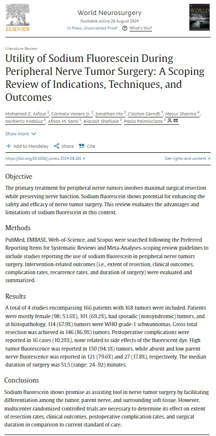 Mohamed Asfour, MBBCh, MSc (@mohamedzasfour) on Twitter photo Excited to share our latest review in <a href="/WorldNeurosurg/">World Neurosurgery Journal</a>! We explore the use of sodium fluorescein in peripheral nerve tumor surgery. Huge thanks to <a href="/venero_jr/">Carmelo Venero Jr.</a>, <a href="/PaoloPalmiscia1/">Paolo Palmisciano, MD</a>, and the entire team for their amazing work! Feedback welcome!
Link: sciencedirect.com/science/articl… Excited to share our latest review in <a href="/WorldNeurosurg/">World Neurosurgery Journal</a>! We explore the use of sodium fluorescein in peripheral nerve tumor surgery. Huge thanks to <a href="/venero_jr/">Carmelo Venero Jr.</a>, <a href="/PaoloPalmiscia1/">Paolo Palmisciano, MD</a>, and the entire team for their amazing work! Feedback welcome!
Link: sciencedirect.com/science/articl…