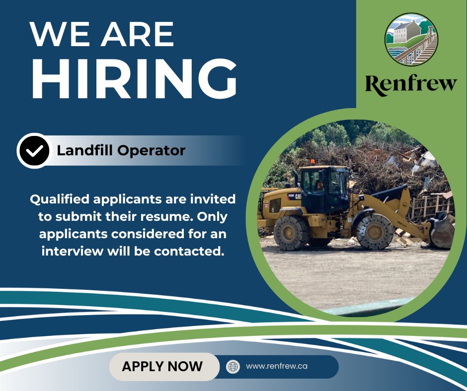 The Town of Renfrew is hiring a landfill machine operator. Qualified applicants are invited to submit their resume by October 1, 2024, at 4:00 p.m. You can get more information and read the full job posting on our website: renfrew.ca/town-hall/care…