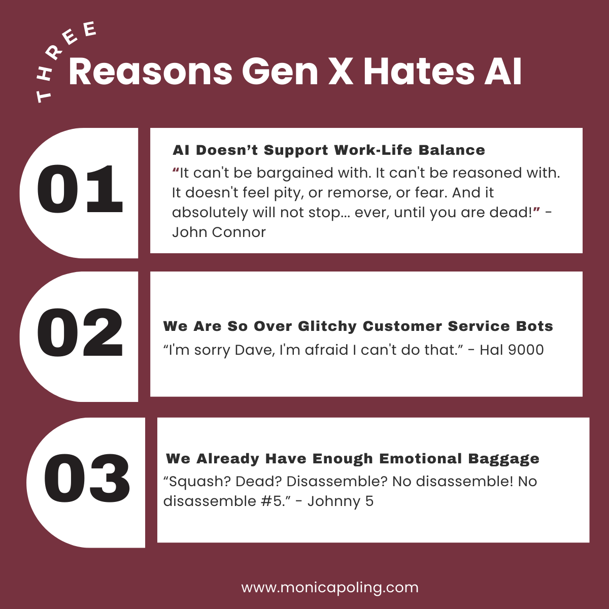 MonicaPoling's tweet photo. Why Gen X hates AI:
1️⃣ No work-life balance — "It won’t stop… until you’re dead!"
2️⃣ Glitchy bots — "I’m sorry, Dave. I can’t do that."
3️⃣ We have enough baggage — "No disassemble!"
PS: Written with AI. Because Ethan Hawke defined irony. 
#GenX #AI #RageAgainstTheMachine https://t.co/qbswajaZj0