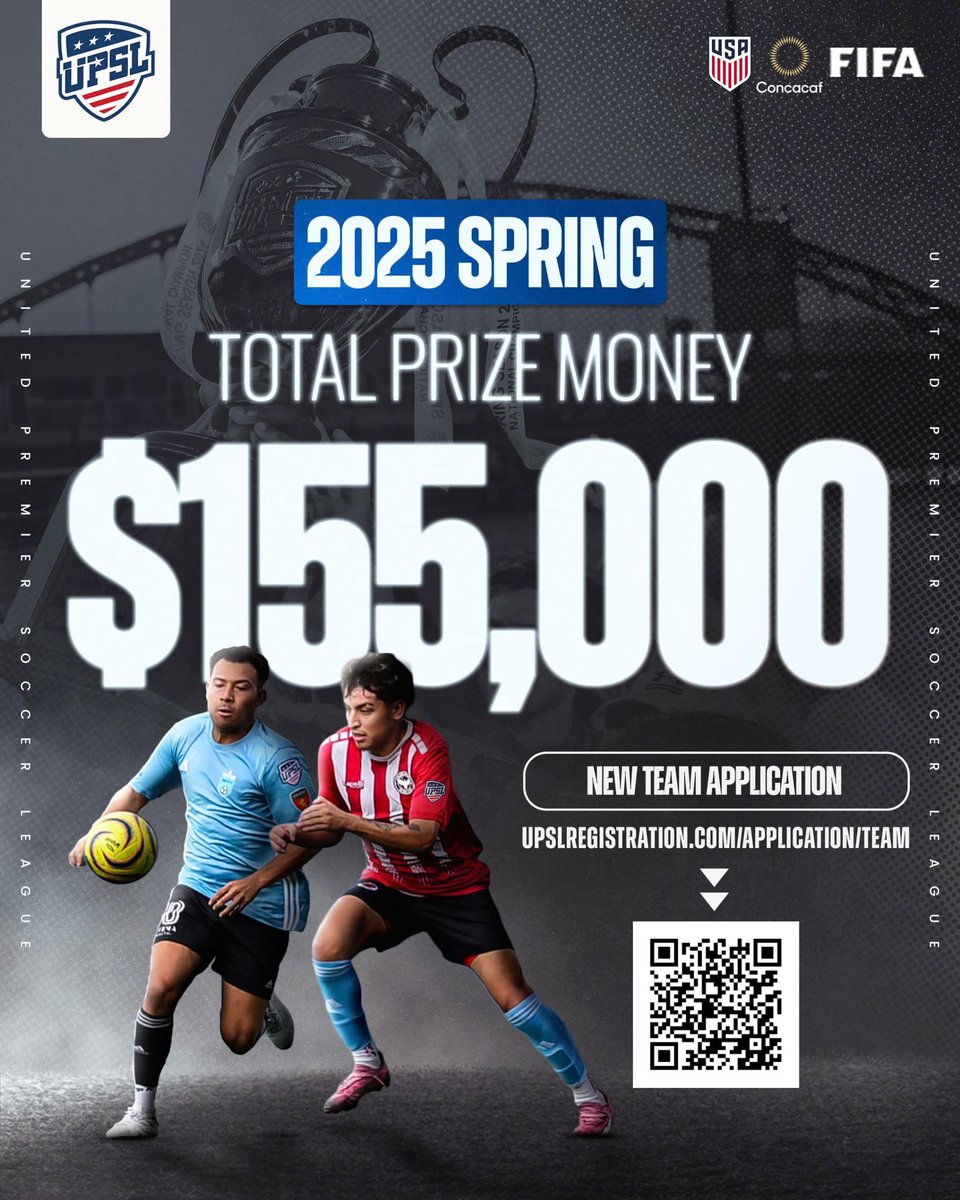 UPSLsoccer's tweet photo. The #UPSL continues to make history by announcing that the total prize money to be awarded during the Spring 2025 Premier Division season will be increased to $155,000, with $50,000 going to the National Champion 🔝🔝🔝

FULL DETAILS ⤵️
https://t.co/MZezndahf6 https://t.co/qBXsJI9GWV