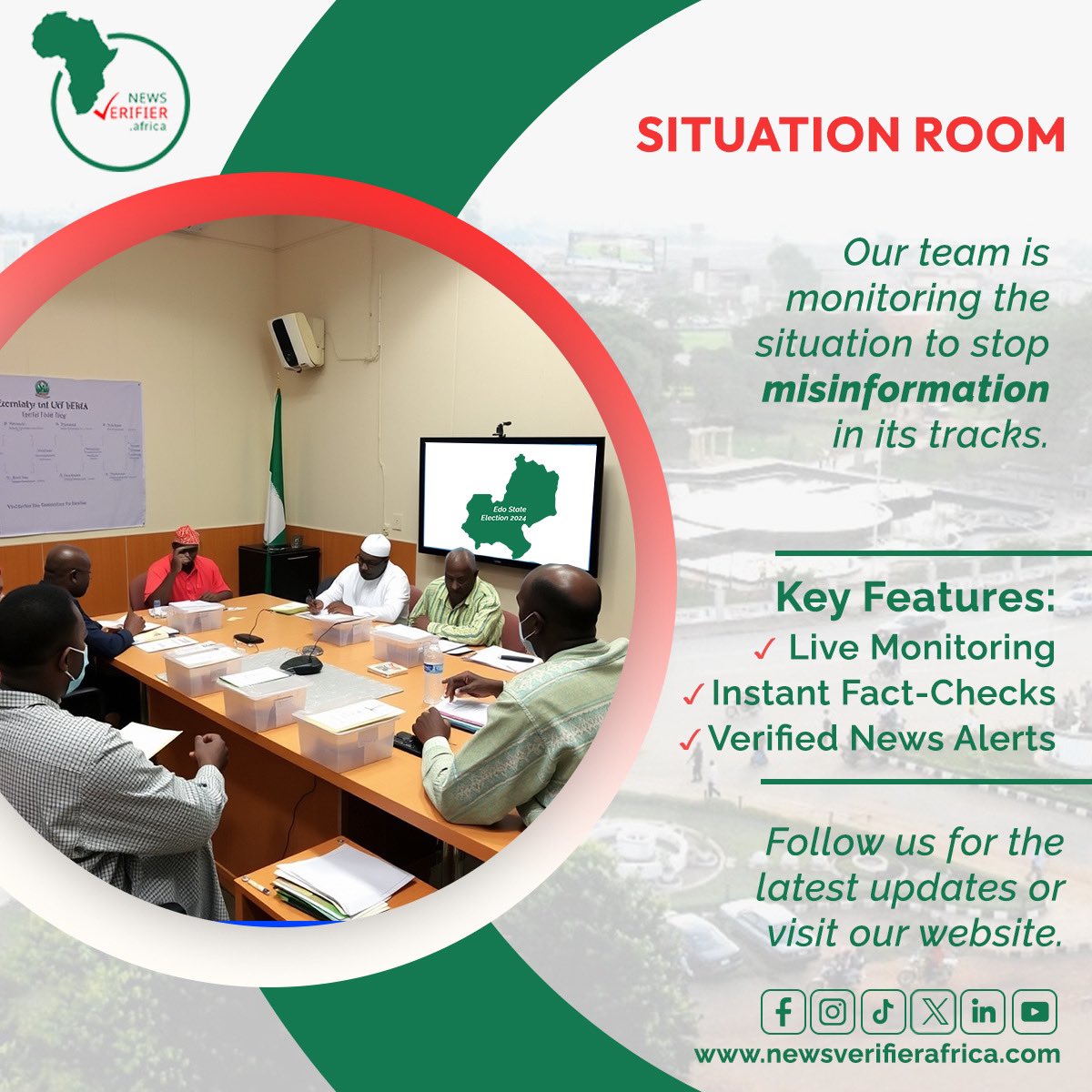 NVAFactchecks's tweet photo. 🔴 Election Situation Room
 We’re monitoring the election updates closely! 🚨 
Follow News Verifier Africa for real-time fact-checks and updates from the Situation Room. #EdoElection #FactCheck #EdoElections2024
#SituationRoom #NewsVerifierAfrica https://t.co/P1Prc1zVbm