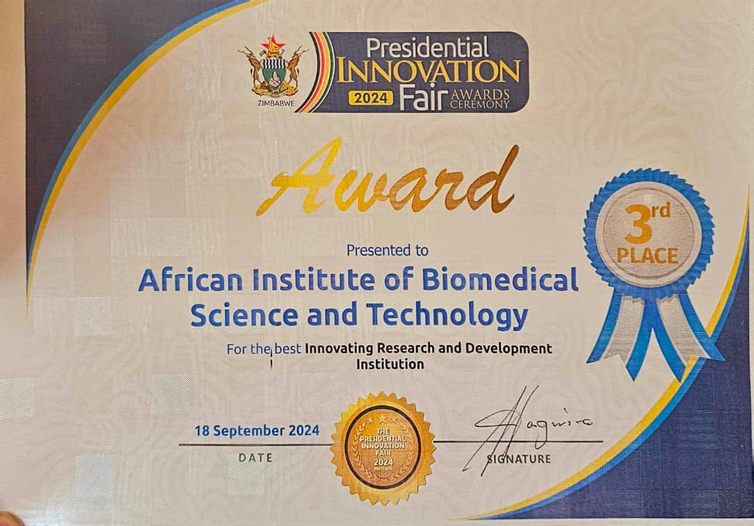 AiBST WINS AWARD AT PRESIDENTIAL INNOVATION FAIR 2024
 
AiBST is a leading research institute in Zimbabwe known for pioneering DNA forensics. Its mission is to advance scientific research innovation &amp; address Africa’s healthcare challenges through genomics &amp; precision medicine.