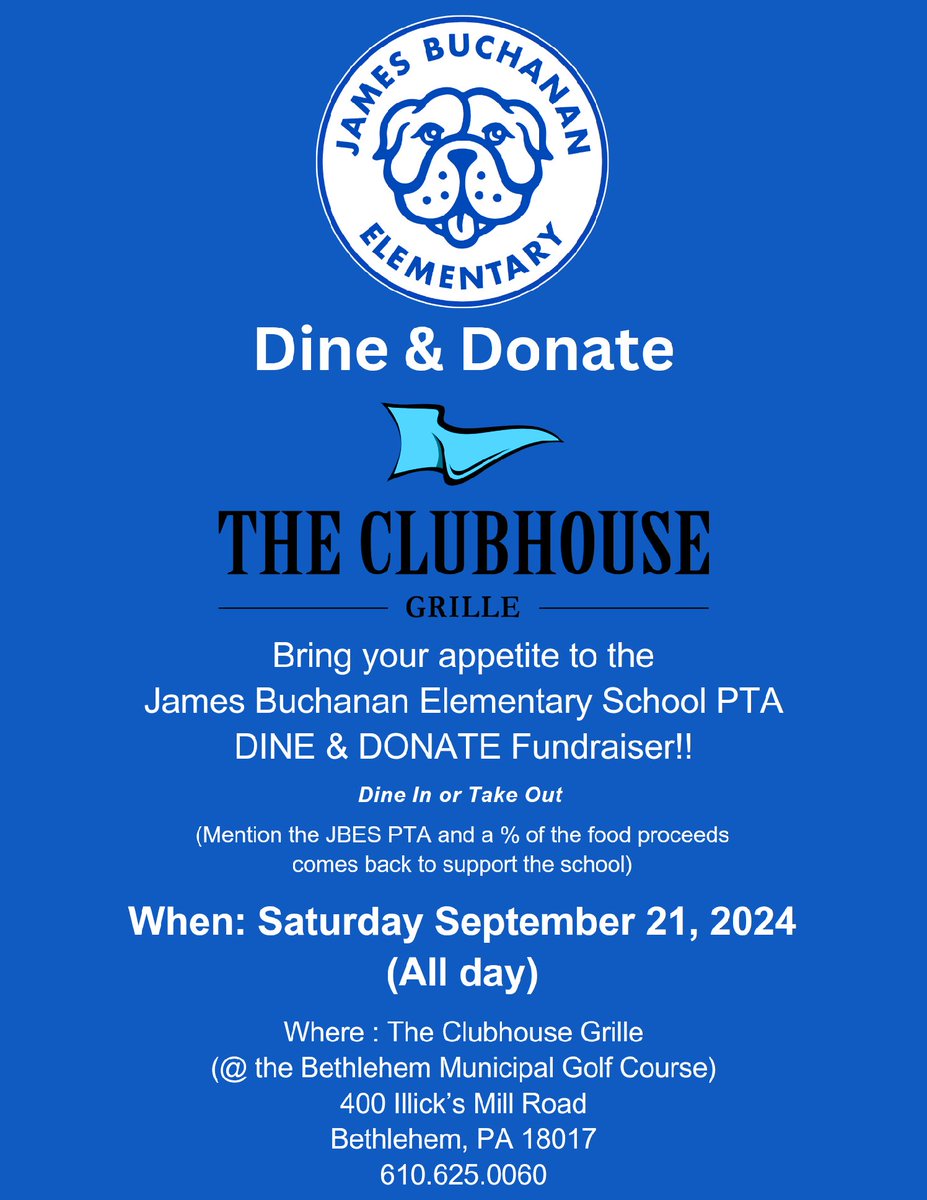 Looking for a reason to not cook this weekend!  Support JBES at their Dine &amp; Donate at the Clubhouse Grill <a href="/buchanan_es/">JamesBuchananES</a> <a href="/BethlehemAreaSD/">BASD</a>