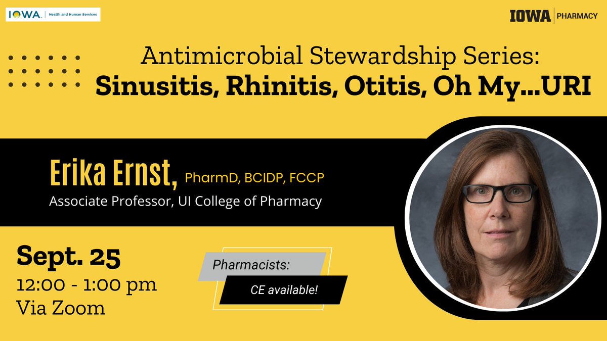 Join Associate Professor <a href="/ErnstErika/">Erika Ernst</a> on 9/25 for a free, online seminar about treatments for upper respiratory infections.  Continuing education available for pharmacists, physicians and nurses!  

Zoom Info: uiowa.cloud-cme.com/course/courseo……

<a href="/IowaMed/">Carver College of Medicine</a> <a href="/IowaHHS/">Iowa Department of Health and Human Services</a>