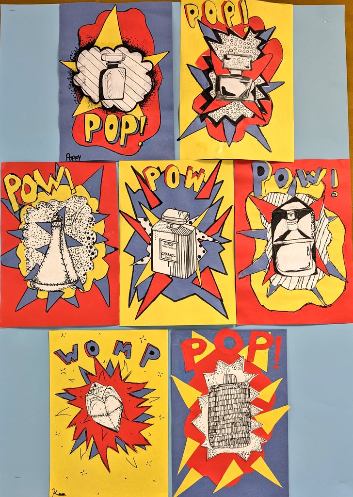 Some amazing examples of artwork by 2.5, 2.6, 2.9 and 2.11 who've been working hard on these #RoyLichtenstein Pop Art inspired pieces! ❤️💛💙