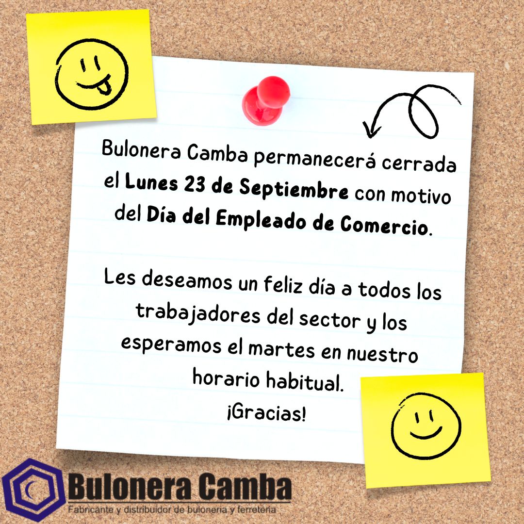 buloneracamba's tweet photo. Bulonera Camba permanecerá cerrada el Lunes 23 de Septiembre con motivo del "Día del Empleado de Comercio". 

Les deseamos un feliz día a todos los trabajadores del sector y los esperamos el martes en nuestro horario habitual.

¡Gracias! https://t.co/CVV7qzPgO3
