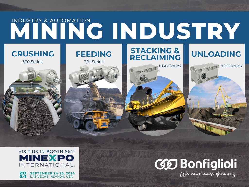 BonfiglioliUSA's tweet image. Only 4 days until #MINExpo! 💥 Join us at Booth 8641 to discover our latest gear unit solutions for the mining industry. From crushing to conveying, we’ve got you covered. 

#mining #gearmotors  #BonfiglioliUSA #MINExpo2024