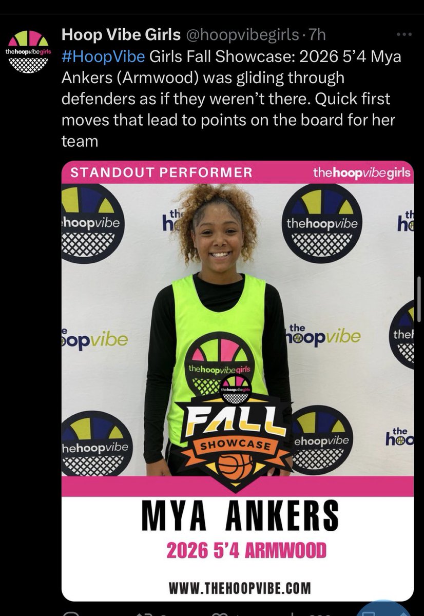 Top 10 standout player at the Girls Fall showcase🏀‼️(Mya Ankers) Big thanks to <a href="/hoopvibegirls/">Hoop Vibe Girls</a> <a href="/robgeier45/">Robert Geier</a> and all the coaches that coached me at the showcase, it was a great opportunity and lots of fun!