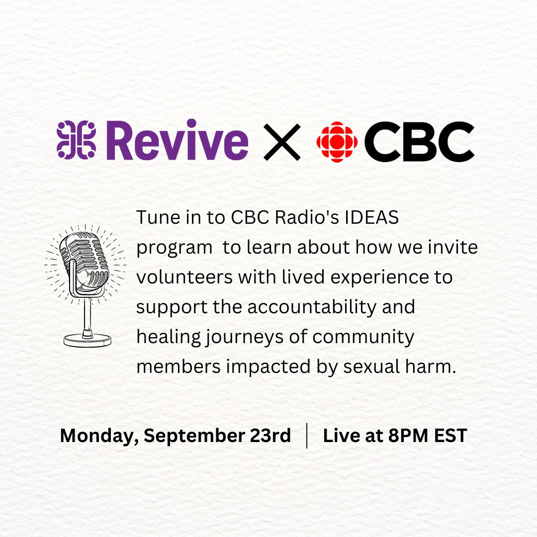 We're going on-air! Tune in to CBC's IDEAS Program on Monday at 8pm EST to learn about how we invite volunteers with lived experience to support the accountability and healing journeys of community members who are impacted by sexual harm.  

Link: zurl.co/il6h