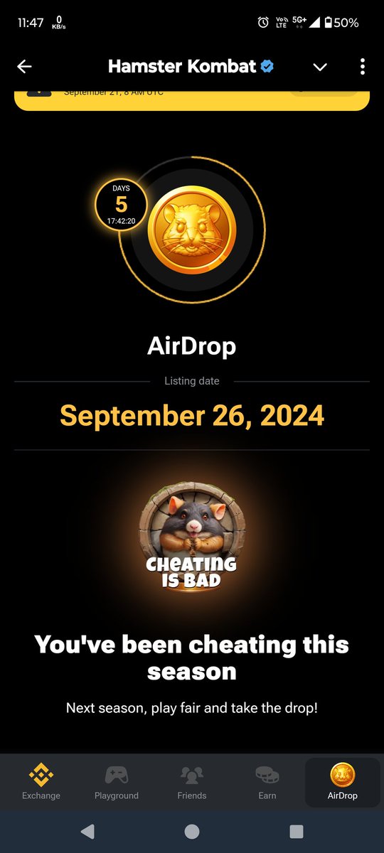 Learn next time not to cheat.

There are Thousands if not millions players who wasted months of effort and in the end got zero.

I see this as Fair Game by #Hamster_Kombat

#Hamster #HAMSTERCOMBAT