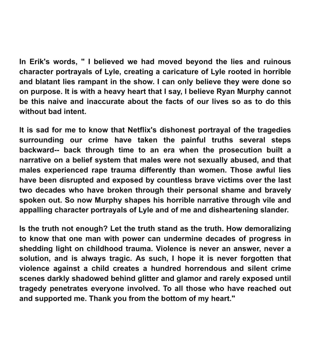 AHSZone's tweet photo. Erik Menendez has released a statement about “Monsters: The Lyle and Erik Menendez Story.” https://t.co/Ya98YuzVIq