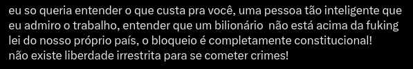AkitaOnRails's tweet photo. Vocês talvez não entendam uma coisa. Eu, da minha posição de ter várias redes sociais, recebo diariamente dúzias e dúzias de mensagens diretas, na casa de centenas mesmo. Isso me facilita a ver muitos padrões. Neste post vou responder todas as suas dúvidas de uma só vez e vou dar copy e paste nas próximas perguntas repetidas.

O que eu quero dizer: reflitam no que estão me perguntando. Eu afirmo que vocês estão apenas repassando textos iguais sem pensar neles. Vou te provar:

1. Akita, você é tão inteligente, porque você fica caindo nesse discurso extremista de liberdade de expressão de bilionário mimado?

Esse é de longe o que eu mais recebo. Vamos por partes. Primeiro, estou cagando e andando pro Elon Musk. De propósito, podem ver todos os videos e posts que eu já fiz até hoje e vou ficar surpreso se encontrar um único conteúdo onde eu faço sequer um pequeno elogio a ele. Eu não tenho interesse no Musk, nunca tive, continuo não tendo a não ser pelo caos. E ele obviamente não precisa que eu me preocupe com ele. Foda-se o Musk.

Liberdade de Expressão vocês estão confundindo com libertinagem. Eu defendo o conceito correto faz anos, décadas. Quem me conhece de longa data vai lembrar da imagem de cabeçalho que eu sempre tive no Facebook e trouxe aqui pro X. Não preciso de ninguém pra me dizer as liberdades que eu tenho.

Agora vem a parte que vocês não estão pensando. A lista de pessoas pra bloquear no X não tem pedóf**, não tem sequestrador, não tem terrorista, não tem invasor de terras, não tem ladrão comum, não tem traficante de drogas. Nada, absolutamente nada. Nenhum dos perseguidos roubou, sequestrou, matou, sequer fez um arranhão em ninguém. Pode bloquear, mas se sua defesa é que "não pode ter liberdade sem consequência", imagino que a prioridade da lei deveria ser esses outros tipo. Você não concorda?

Mais. Não precisa de mandado extrajudicial. Não precisa de canetada, nem nada disso. É só a justiça parar de ficar protegendo político e passar a defender os casos da população. Já existem leis pra todos esses crimes. Não precisa de nenhuma lei nova.

Note como você cai no conto do vigário. Vamos assumir, você está certo, o X tem que ser responsabilizado se tem pedo** ou golpista na plataforma. Qual foi a última vez que você questionou isso da Vivo? Ou da Oi? Porque todo mundo recebe golpe por telefone, ou por whatsapp, você está responsabilizando as telecoms? Ou então todas as casas de show, baladas e entretenimento noturno. Todo mundo sabe que se vende drogas pra jovens lá, de todo tipo, de ecstasy a heroína. Deveríamos responsabilizar e mandar fechar todas as casas de show. Lollapalooza, tudo. Pára e pensa.

2. Era só o X obedecer as leis, o Marco Civil diz que é obrigatório ter representante legal no Brasil.

Não, não é. Tudo bem, eu não sou advogado, mas eu sei ler mais que vocês. Questione o seguinte: sempre existiu Twitter do Brasil. Por que não tem mais? Porque fecharam. Por que foram obrigados a fechar? Não seja bobo. Por que teve que ter ameaças de prender os funcionários, sem julgamento? Questione isso.

Toda vez que mencionam isso falam que o X protege criminosos e sem representante legal fomenta nazist**, racist**, pedo**. Mas vamos lá: nunca houve notícia de X dizendo que não contribuir com nenhuma investigação da polícia. Não tem, vocês estão assumindo.

Agora não tem X no Brasil, porque foram obrigados a sair, por ameaça de prisão. Estão se mexendo pra voltar. Mas você está fugindo da questão: nenhuma lista ativa que está pública, do STF com nomes pra bloquear, nenhum é dessas categoria de crimes. Enquanto isso a Deolana está livre. A mulher lá do PCC é amiga do supremo, qual que é?

Mais do que isso: vocês foram pro BlueSky. Por favor, me mostre o CNPJ e endereço da BlueSky do Brasil. 

Mais do que isso, vimos o caso Cloudflare. Todo mundo usa, se você for dev, já usou. Onde está a Cloudflare do Brasil? Não tem, tem empresas terceirizadas que fazem vendas de licenças aqui, que não fazem parte do grupo americano. É o equivalente a você comprar doces da Nestlé e vender no farol. Você não é a Nestlé. 

Questione a sua afirmação e vai ver que ela facilmente quebra.

3. Nossa Akita, você foi tão burro. Não tem vergonha? Não era que ia ser impossível fechar o Cloudflare sem derrubar todo o Brasil junto? Olha só que papelão.

É verdade. Não adianta ficar justificando. Especialmente porque foram 4 tweets separados, mas no primeiro eu estava muito forte com as seguintes informações: não tem representante legal da CloudFlare no Brasil e, claro, uma hora eles iriam ter que obedecer a proibição, mas poderia demorar dias.

Estávamos contando com isso e estávamos errados. Mea culpa.

Somos todos palpiteiros em redes sociais. Podem ler o texto todo e não ser desonestos. Eu mesmo tinha postado na sequência que não acreditava que a migração do X pra Cloudflare tivesse sido com propósito de bypassar a proibição no Brasil. Eu realmente acho que foi um acidente.

Eu não acho que o Brasil é tão importante assim pra alguém levar em tanta consideração. Eu fiquei empolgado pelo acidente ter acontecido mesmo.

4. Por que você tá tão puto com isso? Não é só seguir a lei e pronto?

Veja que interessante. A primeira proibição veio da briga do Careca com o Musk. O que eu, ou você temos a ver com isso? Porque nos ameaçaram de nos multar em 50 mil reais por dia? Onde você já viu isso?

Por que eu tenho que ficar quieto quando, sem fazer absolutamente nada, tive minhas liberdades agredidas? Sinto muito, não tenho sangue de barata.

Quase 20 dias depois, só por causa do acidente da Cloudflare, que causou o vexame pra todo mundo, que o Careca se viu obrigado a esclarecer quem iria ou não iria receber a multa. Vocês viram a ordem dele?

Não é "o X tem que ficar banido enquanto não expurgarmos os pedo** e golpistas" mas sim "o X tem que ficar banido porque vocês zombam de mim". É só isso.

Está escrito em todos os jornais tradicionais o que o Careca publicou: ele considera que só "casos extremados" devam receber multa, e mesmo assim só se houver reiteração, depois que acontecer uma notificação da PF. E "caso extremado" é falar mal do STF. Não é cometer crimes. Não é fazer estelionato com velhinhas. Não é traficar drogas. É "falar mal". Só isso.

Se questione: por que você está defendendo isso?