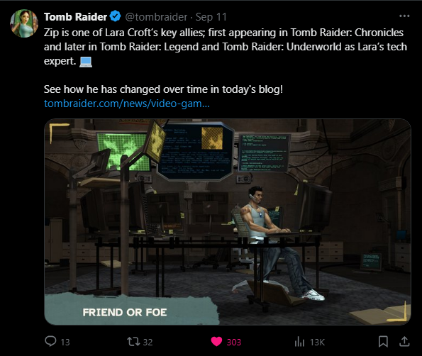 Dandeli0ness's tweet photo. I noticed Tomb Raider accounts were posting some information about people from the previous games that are coming/involved in the anime. 

and one of them is Sam Nishimura, will we see Sam coming back? or is it just a mention and flashback like in the trailer? 

SAM NATION WE UP https://t.co/4Bj78s2RF1