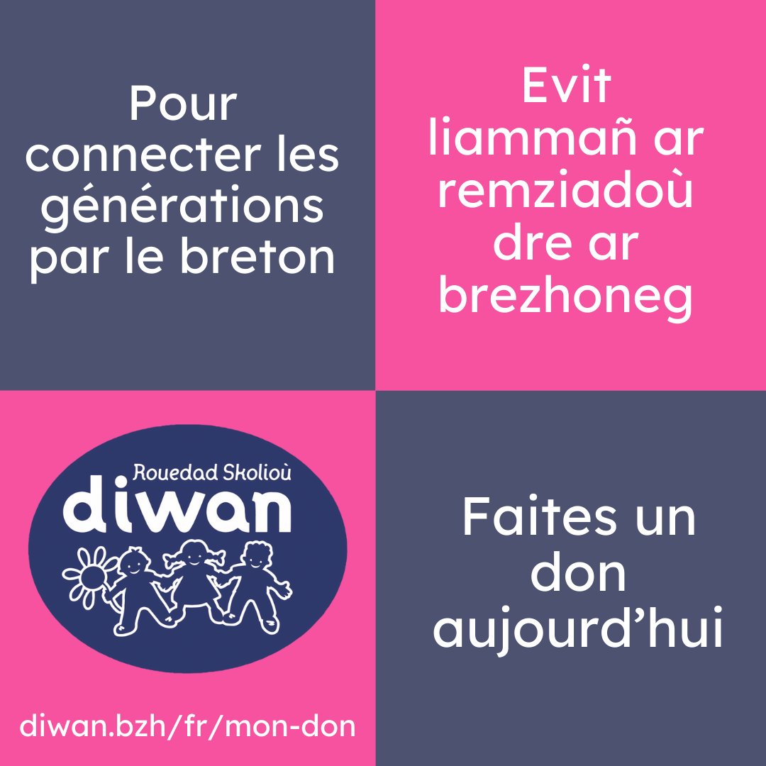Ober ur prof evit skoazellañ #Diwan ha treuzkas ar #brezhoneg : diwan.bzh/br/mon-don 🤩

Faire un don pour soutenir Diwan et la transmission de la langue bretonne : diwan.bzh/fr/mon-don 🤩

#BZH #bzhg