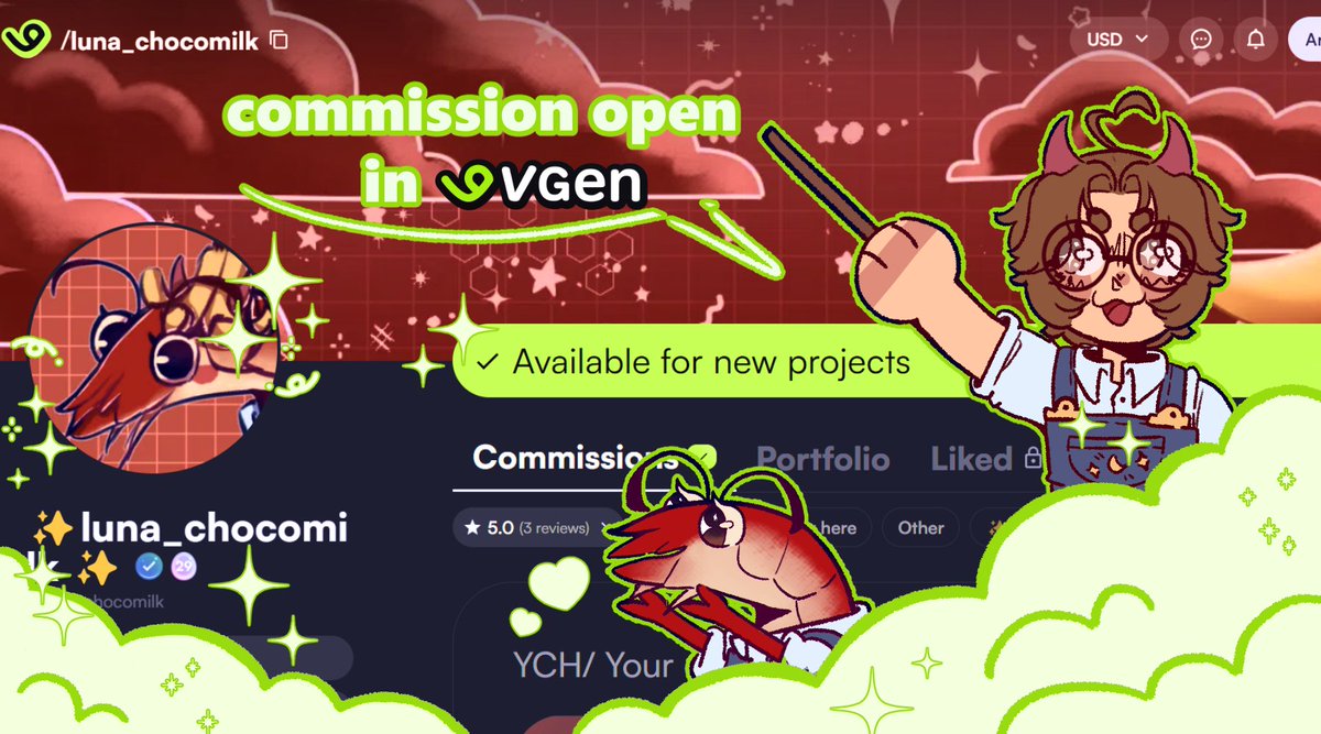 ArtChocomilk's tweet image. 💚 COMMISSIONS OPEN IN VGEN 💚
-
-After so long I decided to revive my vgen where you can find ych commissions, animated emotes/emotes, illustration commissions, pngtubers and many more!!!! ✨
#VGen #VGenComms