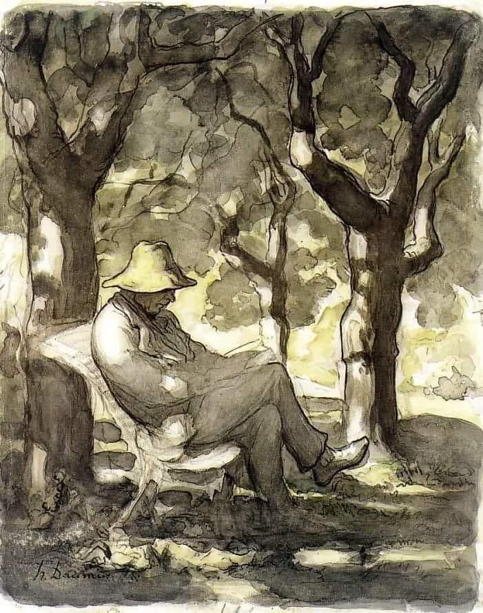 _Emmet_Emmet's tweet image. Honoré Daumier
— A Man Reading in a Garden | c. 1866-68 
[Watercolor over black chalk, with pen and ink, wash, and Conte crayon on wove paper]
The Metropolitan Museum of Art, New York