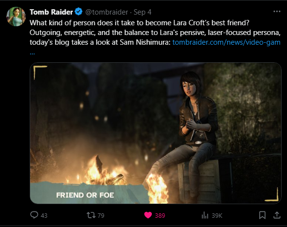 Dandeli0ness's tweet photo. I noticed Tomb Raider accounts were posting some information about people from the previous games that are coming/involved in the anime. 

and one of them is Sam Nishimura, will we see Sam coming back? or is it just a mention and flashback like in the trailer? 

SAM NATION WE UP https://t.co/4Bj78s2RF1